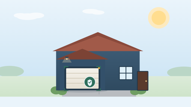 Illustration maison avec garage sécurisé et icône de protection